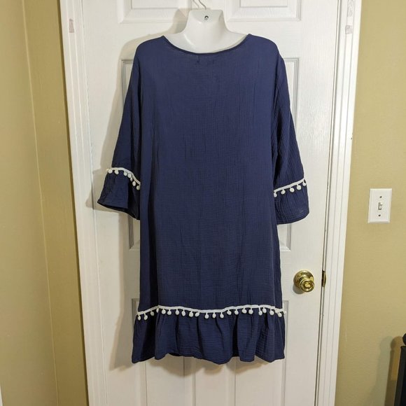 KOANDAILY Navy Pom-Pom Bell Sleeves Boho Midi Dress - size 3XL* NWT - Picture 2 of 11
